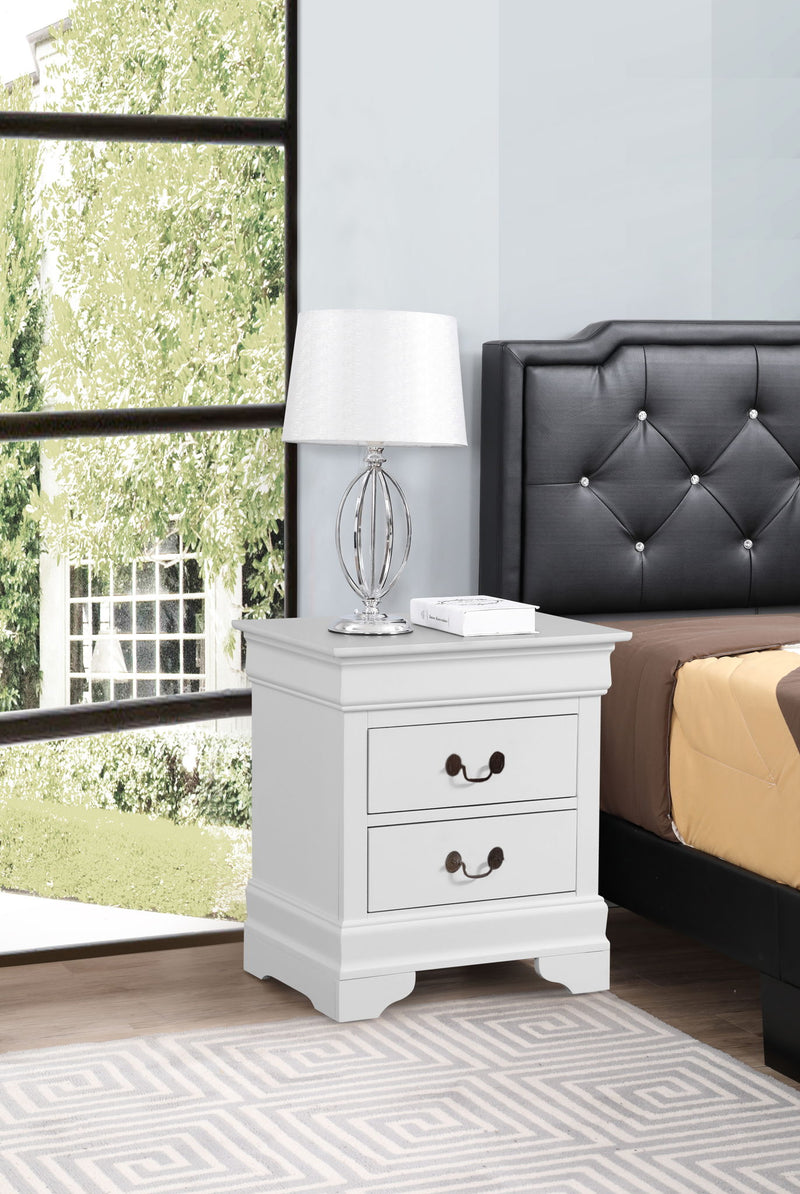 Louis Phillipe wood accent nightstand by Glory Furniture, featuring a sleek design and storage drawer, suitable for bedroom decor.