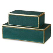 Pair of emerald green Uttermost Karis boxes, stylish storage baskets with elegant design, perfect for home organization.
