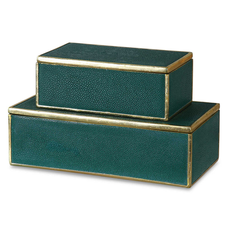 Pair of emerald green Uttermost Karis boxes, stylish storage baskets with elegant design, perfect for home organization.
