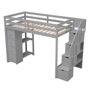 DreamHaus loft bed with built-in storage drawers, stairs with shelves, and a sturdy frame for space-saving bedroom organization.