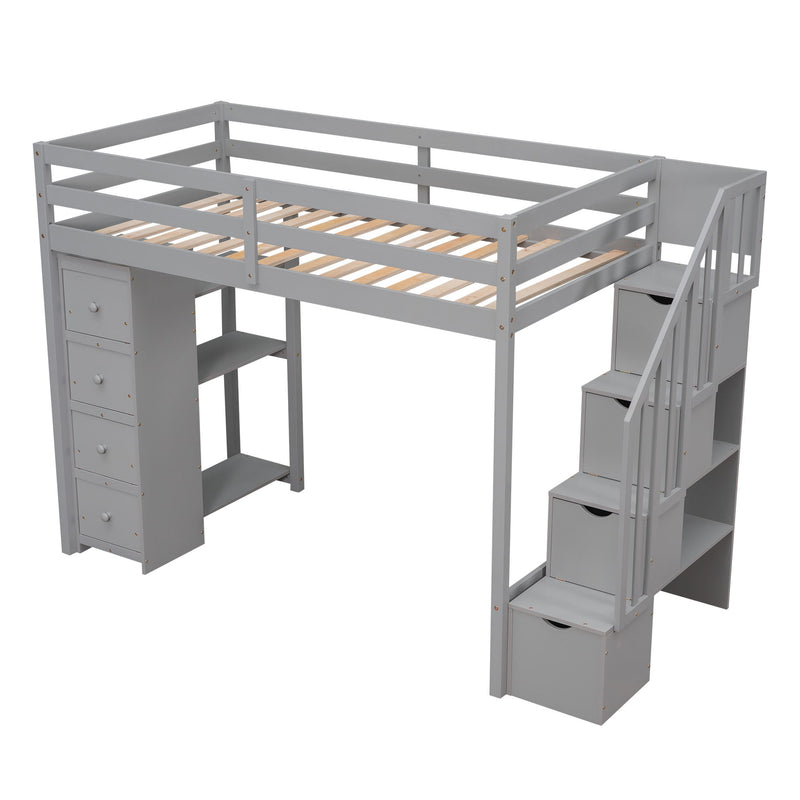 DreamHaus loft bed with built-in storage drawers, stairs with shelves, and a sturdy frame for space-saving bedroom organization.