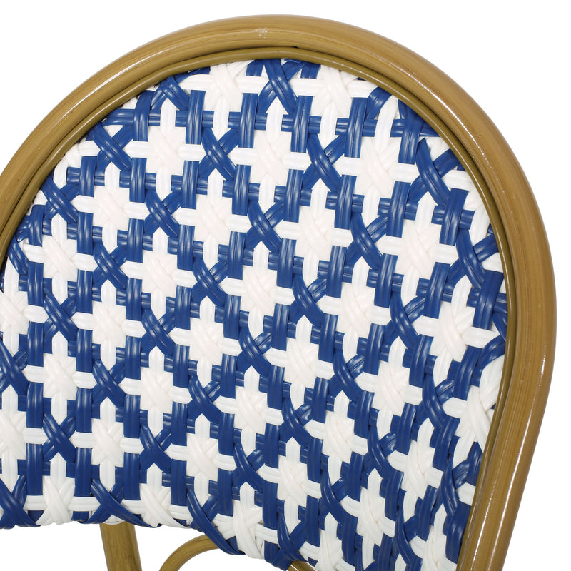 Noble House French Bistro Chair with rattan seat and aluminum frame, armless design, suitable for indoor or outdoor dining.