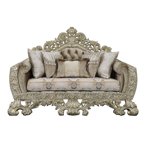 Sorina - Loveseat With 5 Pillows - Velvet, Fabric & Antique Gold - R&R Furniture Gallery (Fountain Valley, CA)