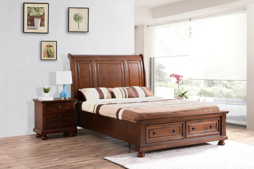 Elegant Glory Furniture sleigh bed with curved headboard and footboard, showcasing classic wooden craftsmanship in a warm finish.