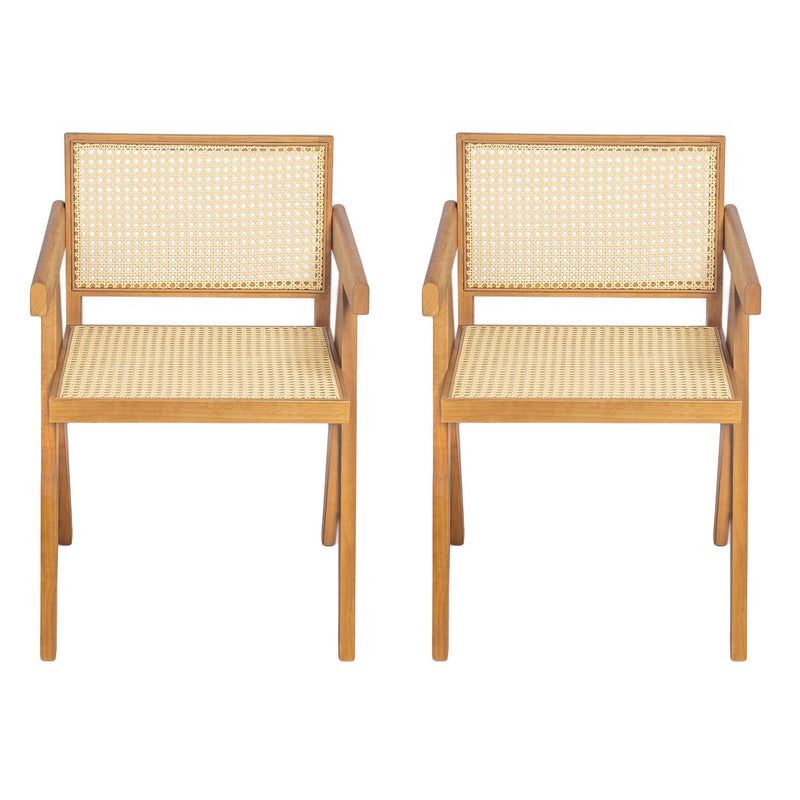 Set of two Noble House Chandigarh arm dining chairs with natural cane design and wooden legs, perfect for modern dining rooms.