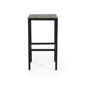 Set of two Noble House outdoor bar stools with slat design and metal frames, suitable for patio or backyard seating.