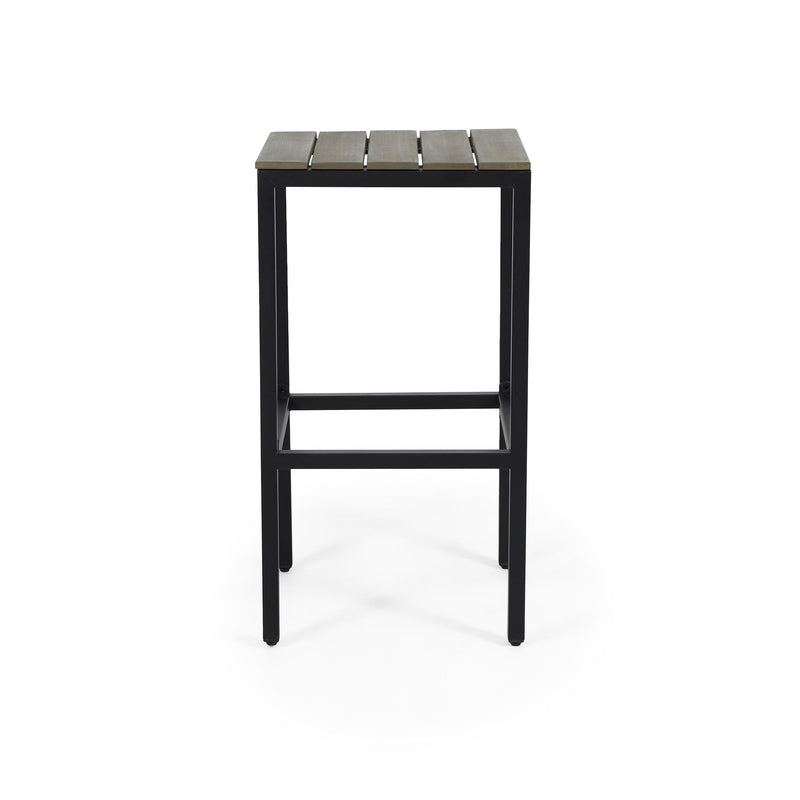 Set of two Noble House outdoor bar stools with slat design and metal frames, suitable for patio or backyard seating.