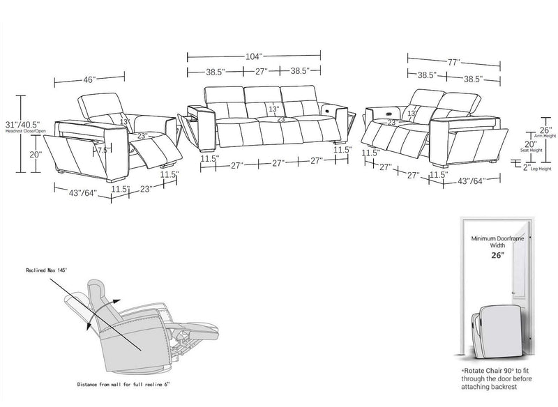 1224 - 6-Piece Modular Power Reclining Sofa, Loveseat & Chair Set In With 6 Power Recliners & Power Headrests