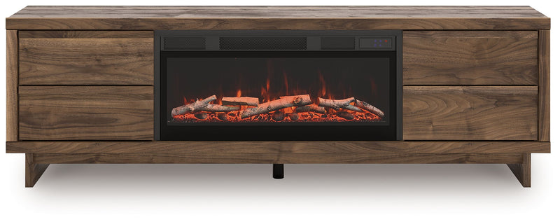 Signature Design by Ashley Zadilyn TV stand with built-in fireplace, wooden finish, and storage compartments.