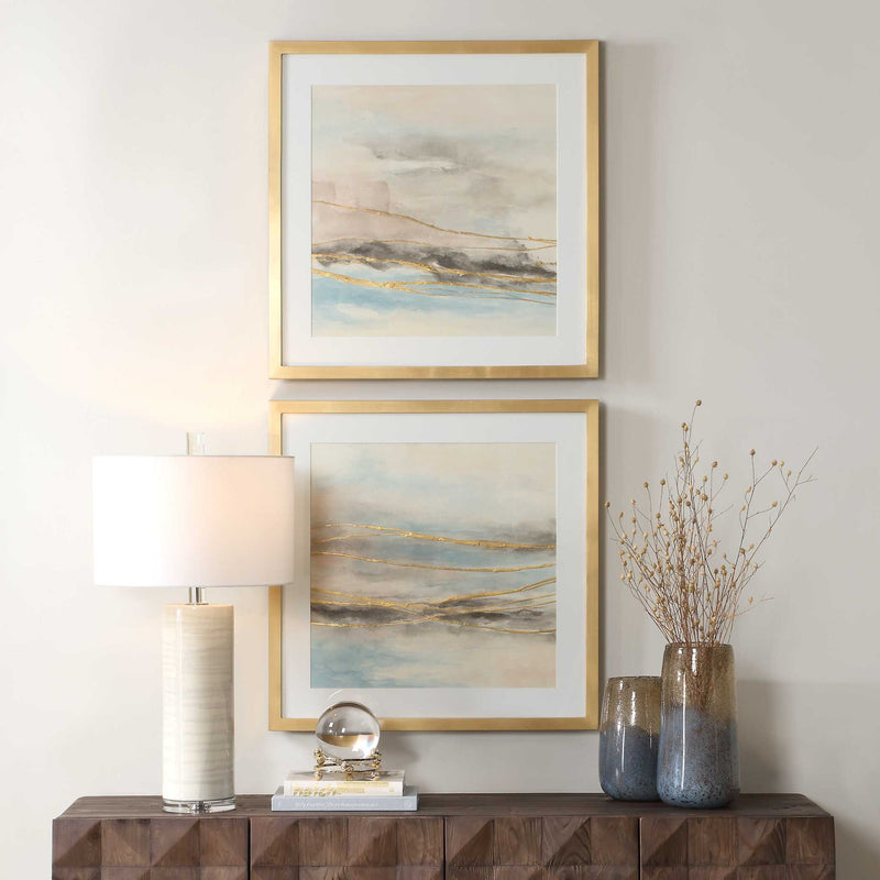 So Golden - Abstract Landscape Prints (Set of 2) - Black / Blue / Brass / Gold / Gray / Pink / White