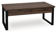 Signature Design by Ashley Wickman Falls rectangular cocktail table with a sleek wooden finish and modern design.