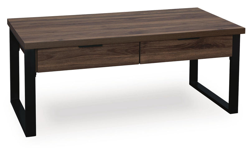Signature Design by Ashley Wickman Falls rectangular cocktail table with a sleek wooden finish and modern design.