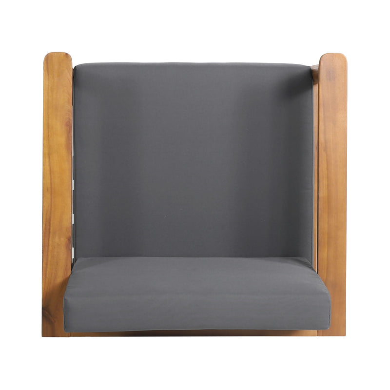 Dark gray outdoor club arm chair with teak acacia wood frame from Noble House, suitable for patio or garden seating.