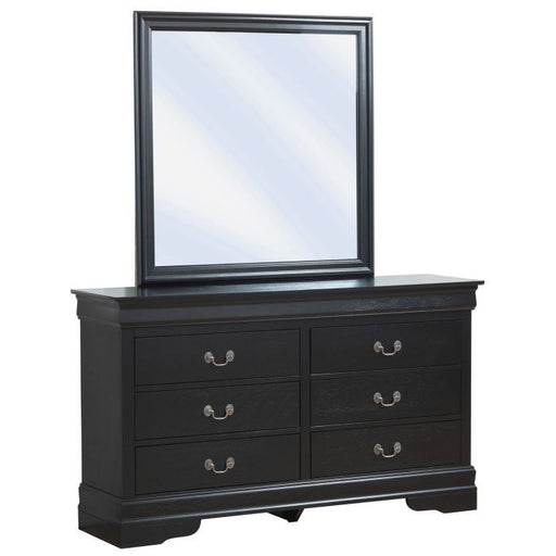 Black elegant dresser by Glory Furniture with sleek drawers and modern design, perfect for bedroom storage.