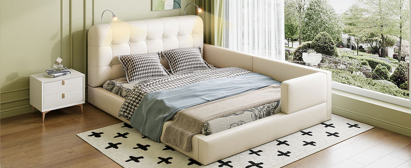 Queen Size Upholstered Platform Bed With 2 Reading Lights - White - R&R Furniture Gallery (Fountain Valley, CA)