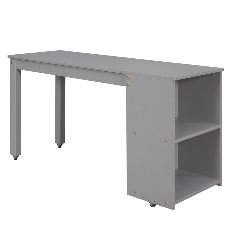 DreamHaus loft low study bed with integrated cabinet, shelves, and rolling desk, designed for versatile space-saving functionality.