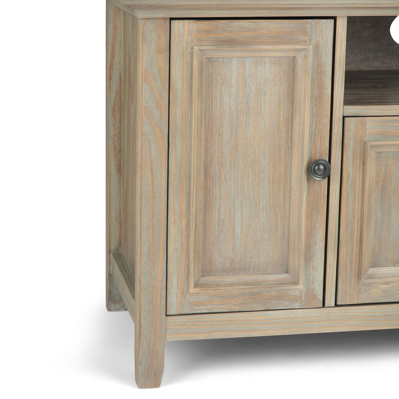Simpli-Home Amherst wide TV media stand with open shelves and storage cabinets for modern living room organization.