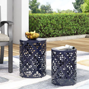 Pair of navy blue Noble House modern iron end tables with cutout design, featuring sleek metal frames and flat tabletops.