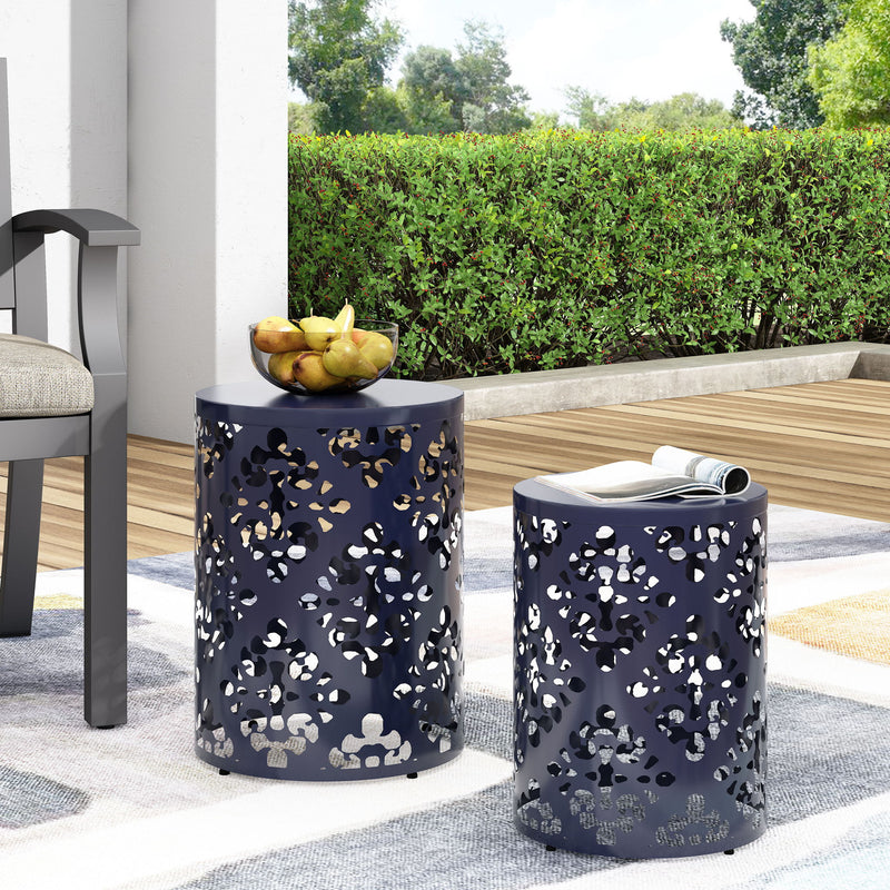 Pair of navy blue Noble House modern iron end tables with cutout design, featuring sleek metal frames and flat tabletops.