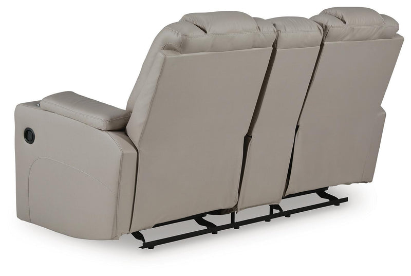 Signature Design by Ashley Elevate Edges Glide Reclining Loveseat with console in coin fabric, showing plush cushions and cup holders.