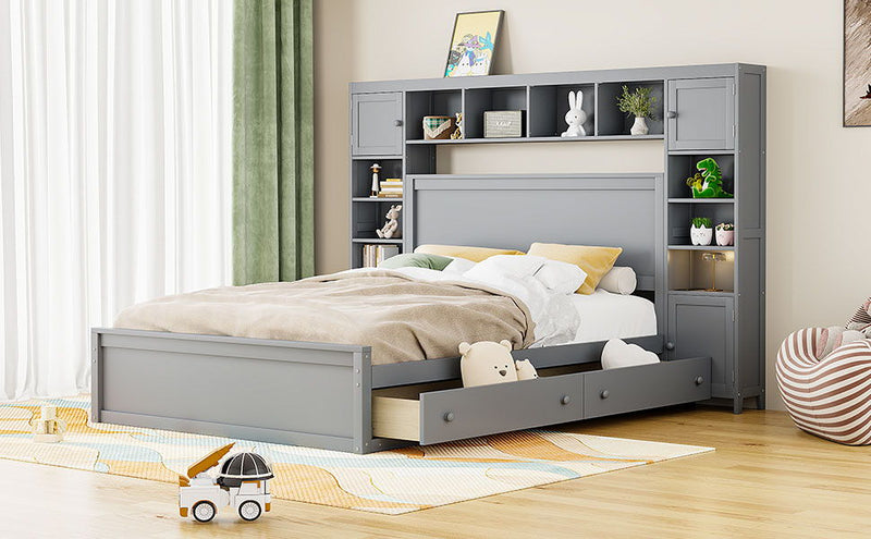 DreamHaus cabinet bed with integrated shelf, storage cabinet, and electrical sockets, showcasing its compact design and multifunctional features.