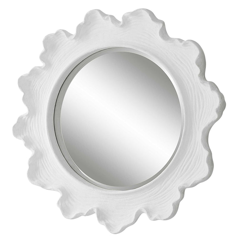 White round wall mirror with a sea coral-inspired frame by Uttermost, perfect for coastal or nautical decor accents.