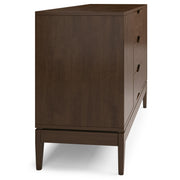 Simpli-Home Harper sideboard buffet with wood finish, featuring multiple drawers and cabinet doors for stylish storage.