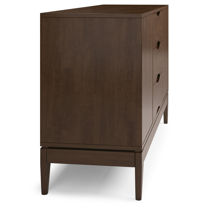 Simpli-Home Harper sideboard buffet with wood finish, featuring multiple drawers and cabinet doors for stylish storage.