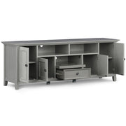 Simpli-Home Amherst wide TV media stand with open shelves and storage compartments for modern living room organization.