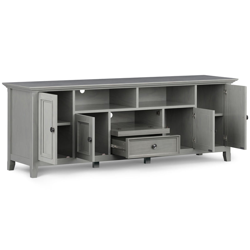 Simpli-Home Amherst wide TV media stand with open shelves and storage compartments for modern living room organization.