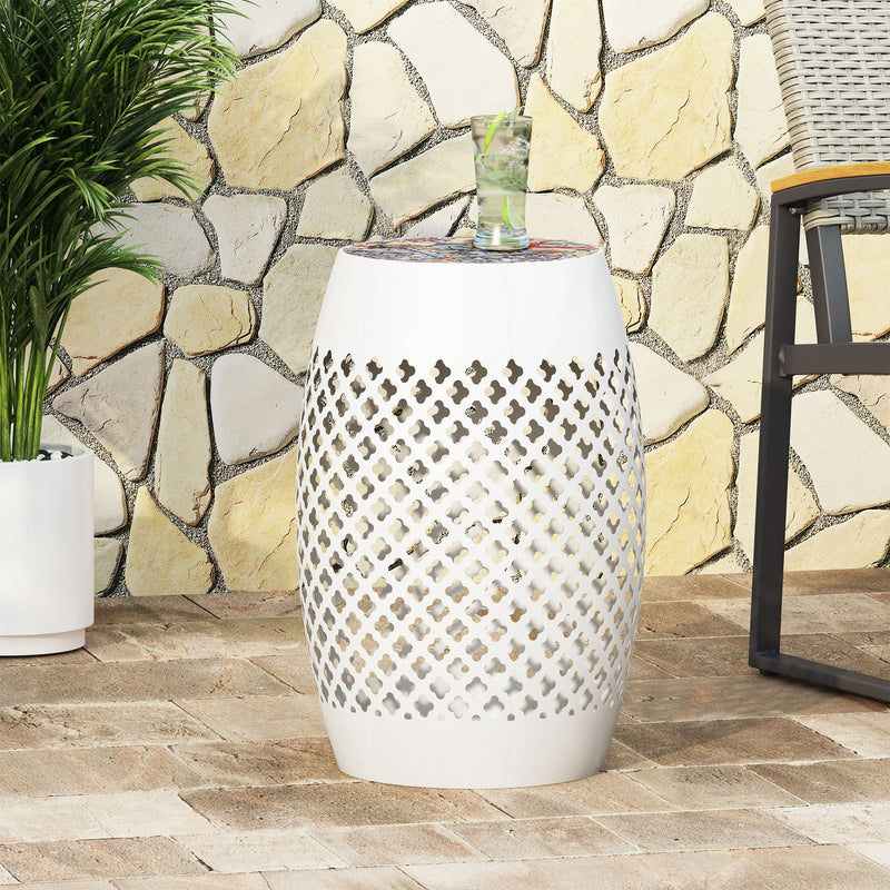 Noble House Roswell outdoor side table with mosaic tile top, featuring a sturdy frame and colorful tile design for patio decor.