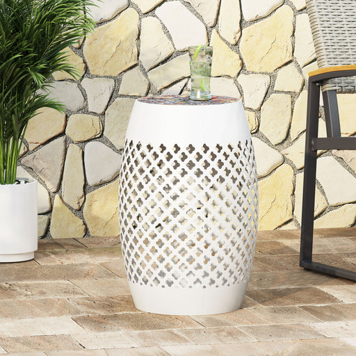 Noble House Roswell outdoor side table with mosaic tile top, featuring a sturdy frame and colorful tile design for patio decor.