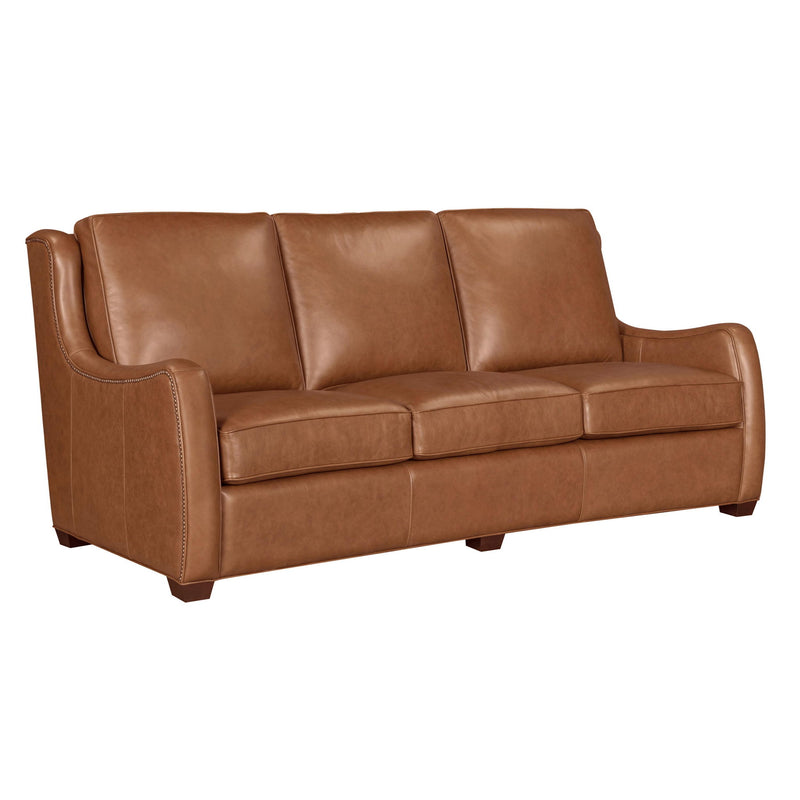 Channing top-grain leather living room set with scroll arms and antique brass nail trim in renaissance cinnamon, 2-piece Parker Living set