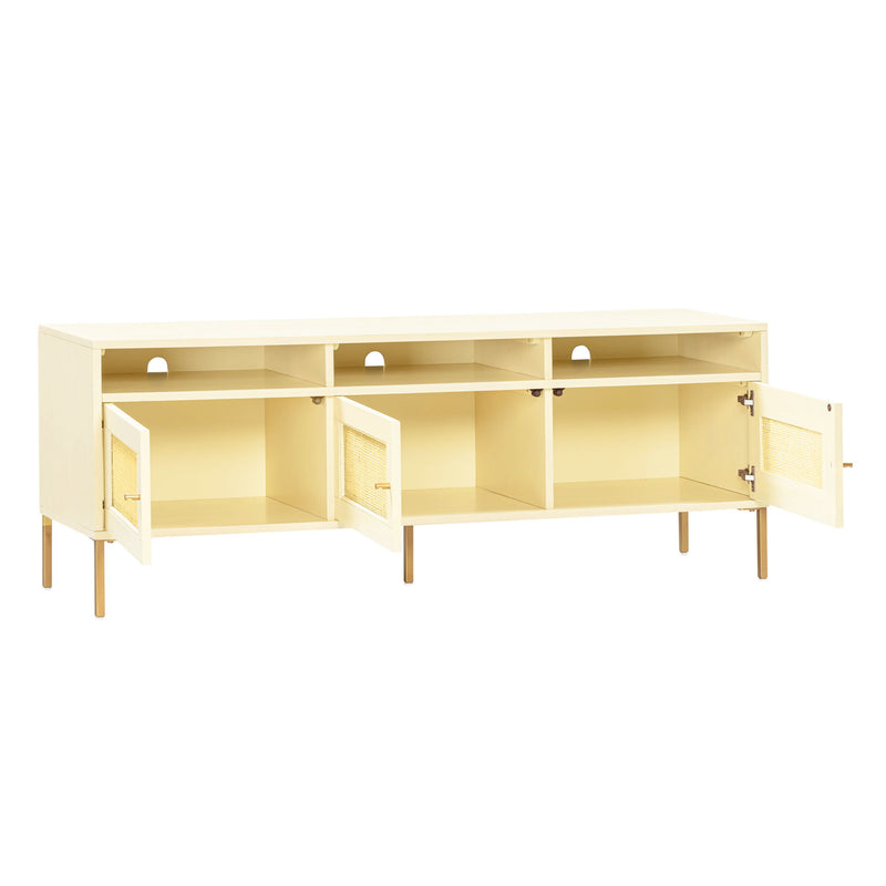 TOV Furniture Sierra media console TV stand with open shelving and modern wood finish, ideal for living room entertainment setup.