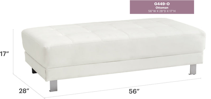 Upholstered contemporary ottoman by Glory Furniture in a living room setting, showcasing its stylish and comfortable design.