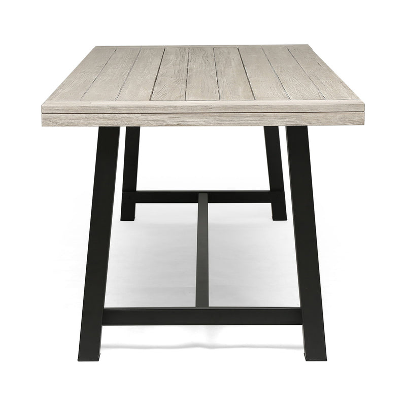 Noble House Equilibrium outdoor dining table with wooden frame and slat top, perfect for patio or garden dining spaces.