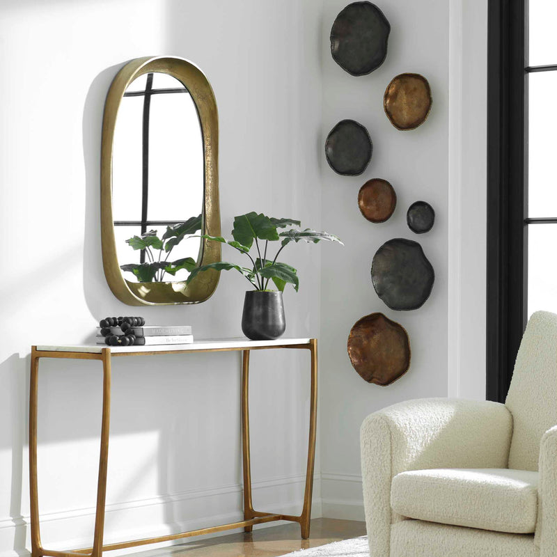 Set of four Lucky Coins wall bowls by Uttermost, decorative wall decor with intricate coin details for aesthetic interior design.