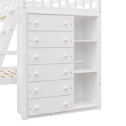 DreamHaus bunk bed with six drawers, flexible shelves, and a bottom bed on wheels, featuring a sturdy wooden frame and storage options.