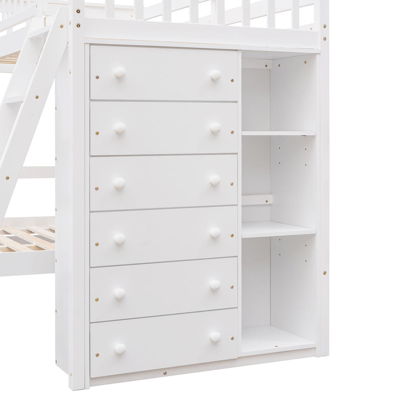 DreamHaus bunk bed with six drawers, flexible shelves, and a bottom bed on wheels, featuring a sturdy wooden frame and storage options.
