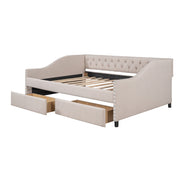 DreamHaus upholstered storage daybed with wood slat support and two built-in drawers, ideal for bedroom organization.