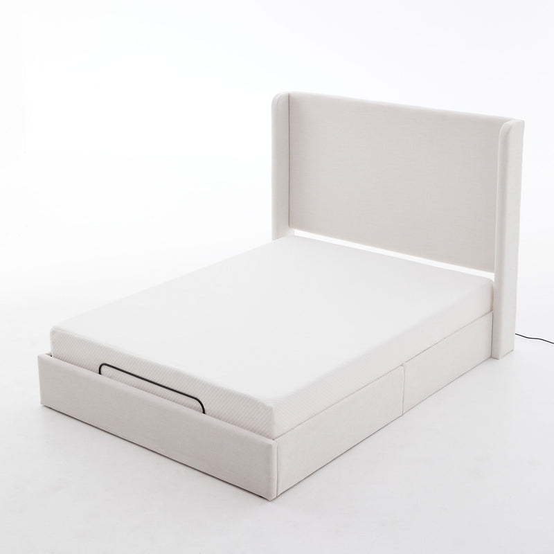 Caron - Queen Size Upholstered Wingback Bed With Adjustable Base Bundle Set - Ivory - R&R Furniture Gallery (Fountain Valley, CA)