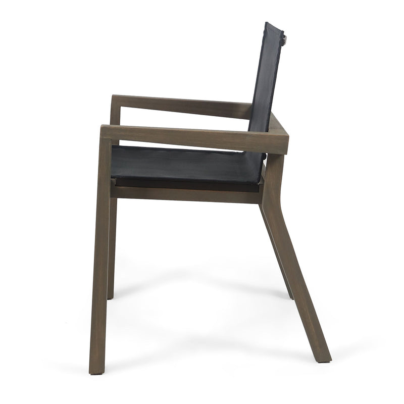 Set of two Noble House Belfast dining chairs with acacia wood frames and upholstered seats, showcasing modern design.