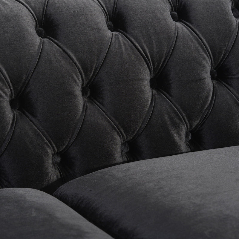 Noble House Chesterfield style 3-seater sofa with deep button tufting and classic stationary design, showcased in a stylish living room setting.