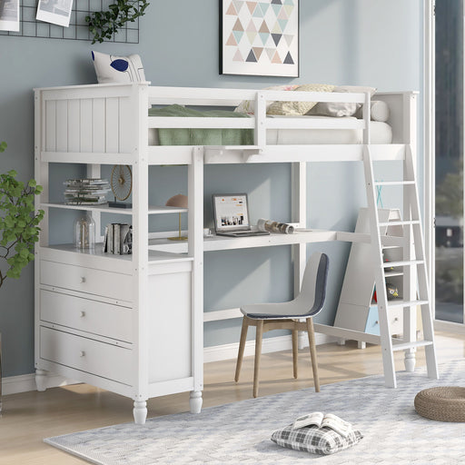DreamHaus loft bed with built-in drawers, desk, and shelves, featuring a sturdy wooden frame and space-saving design for bedrooms.