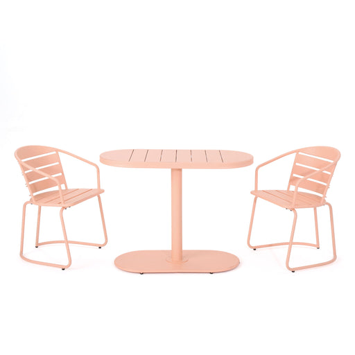 Noble House 3-piece outdoor bistro set with two chairs and oval table, featuring elegant metal design for patio or garden use.