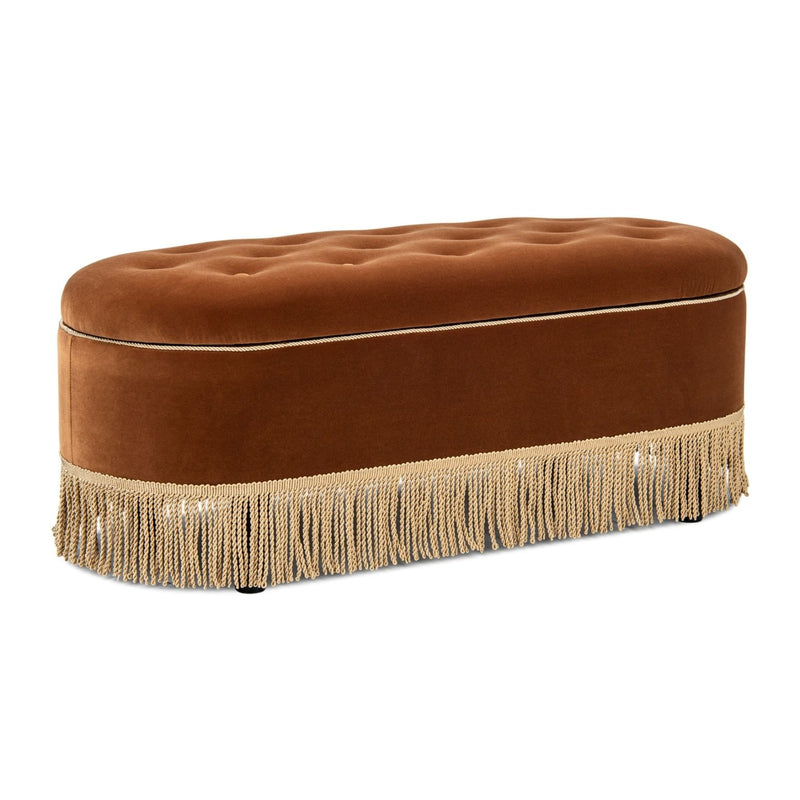 Jennifer Taylor Home Melinda oval tufted bullion fringe storage bench with upholstered fabric and wooden legs.
