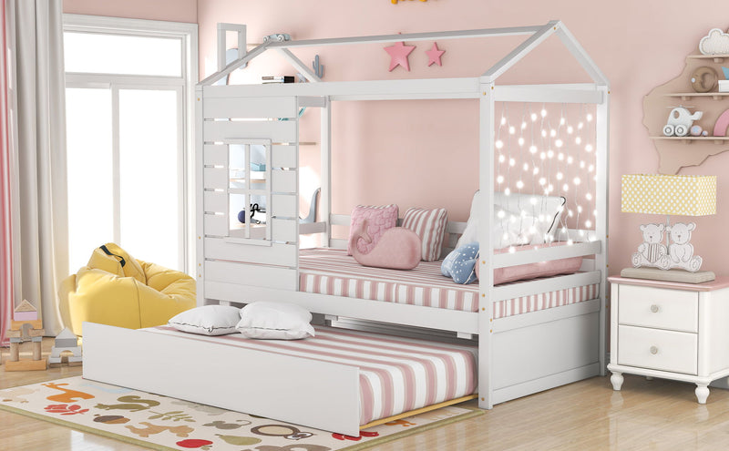 Twin Size Classic House Bed With Twin Size Trundle - White - R&R Furniture Gallery (Fountain Valley, CA)