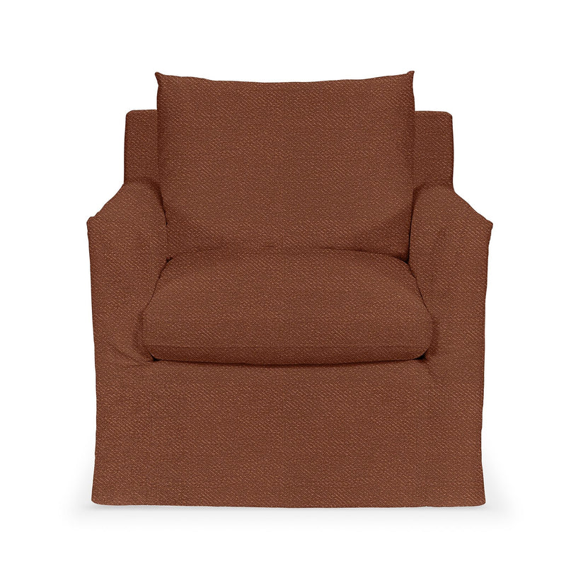 Classic Home Cassiano swivel chair with plush upholstery, wooden base, and modern design, shown from a side angle.