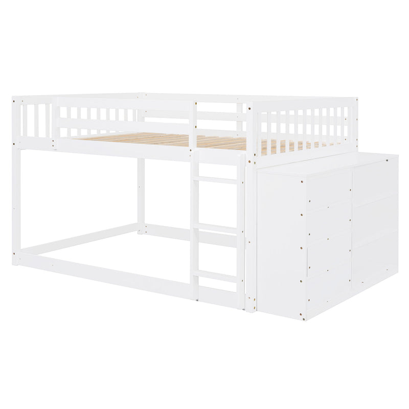 DreamHaus bunk bed with built-in four drawers and three shelves, showcasing a sturdy wooden frame and modern design.