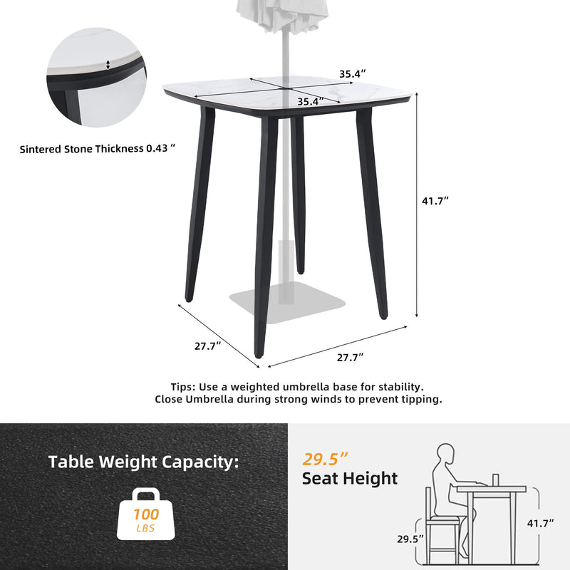 Outdoor Life Outside bar table with rounded square sintered stone top, umbrella hole, rust-free frame, weatherproof in black and white.